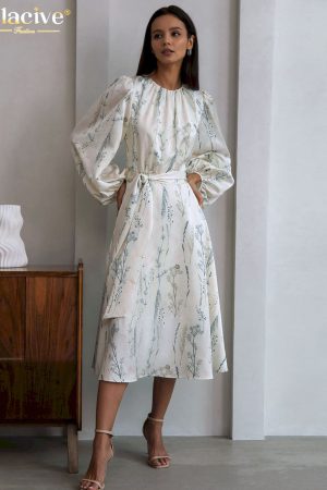 Vestidos midi de manga larga con cuello redondo para mujer