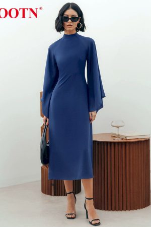 Vestidos midi elegante de gasa con cuello redondo y manga acampanada para mujer