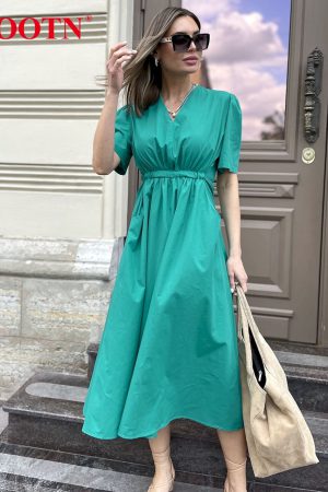 Vestidos midi plisado informal de algodón para mujer
