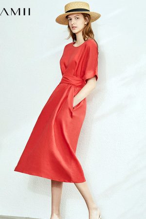 Vestidos minimalistas de lino con cuello redondo para mujer