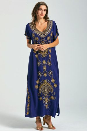 Vestidos playero de manga corta con cuello en v y bordado para mujer