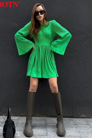 Vestidos plisado verde informal para mujer