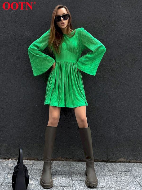 Vestidos plisado verde informal para mujer