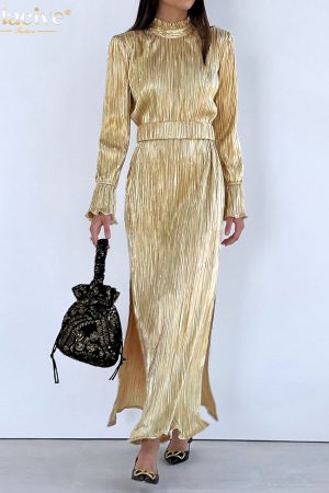 Vestidos plisados dorados a la moda para mujer