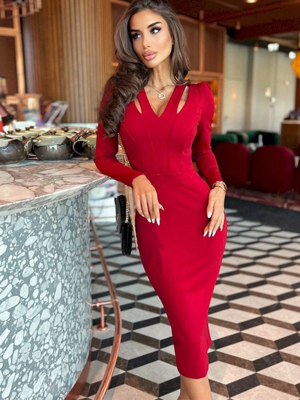 Vestidos rojo ajustado de manga larga para mujer