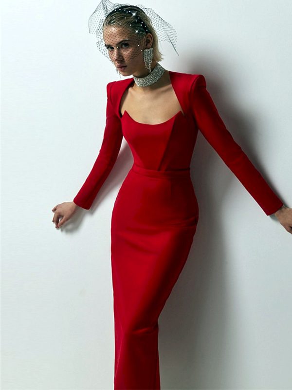 Vestidos rojo ajustado de manga larga para mujer