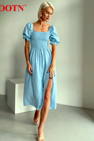 Vestidos verde elegante de manga corta abullonada para mujer