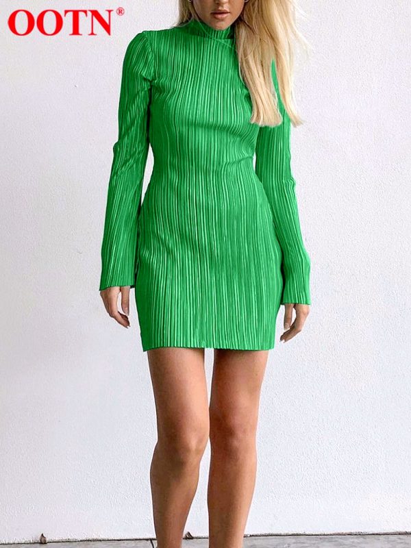 Vestidos verde plisado de manga larga para mujer