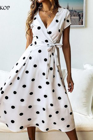 mujeres Vestidos de verano moda polka dot largos cuello en v elegantes vestidos de fiesta blanco Ves